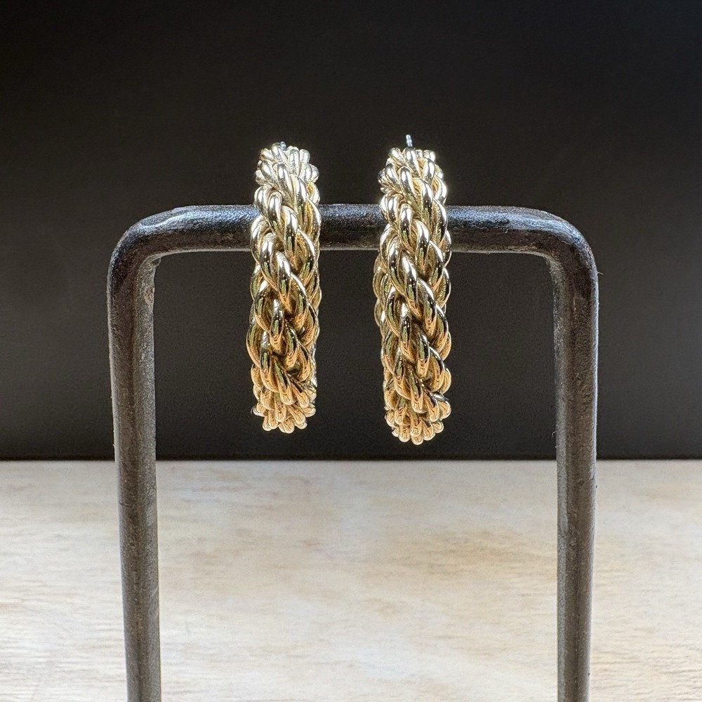 VTG 1980s Chunky Gold Tone Twisted Rope Hoop Earrings Retro Braided Statement